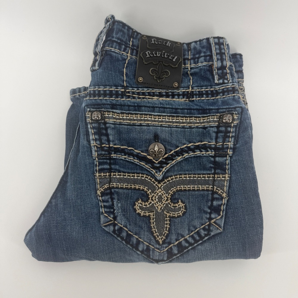 Rock Revival Peyton Slim Boot Jeans Medium Wash Distressed 32 EP9659BMR
